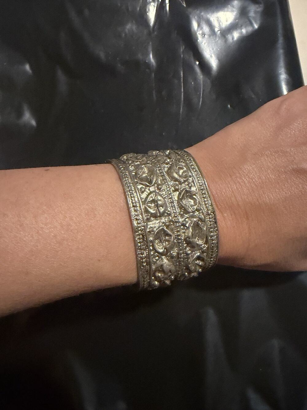 Vintage Tribal Repousse Wide Cuff Bracelet Silver Tone Metal Ornate Boho